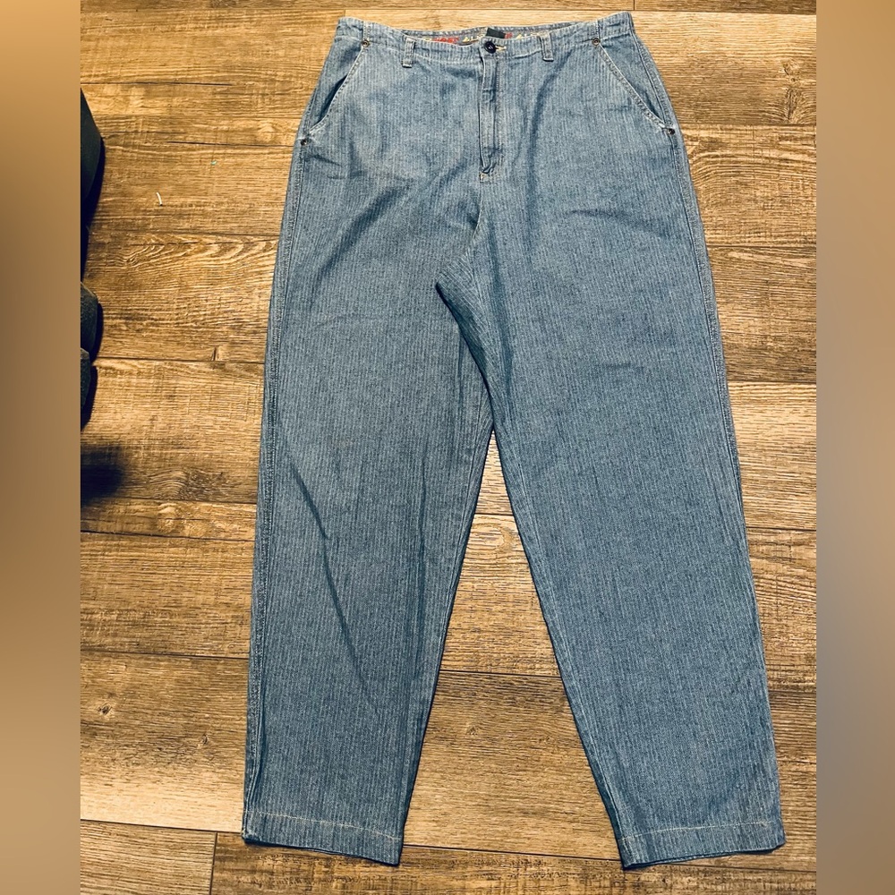 Vintage Liz Wear by Liz Claiborne High-Rise Pinstripe Mom Jeans in Light Blue